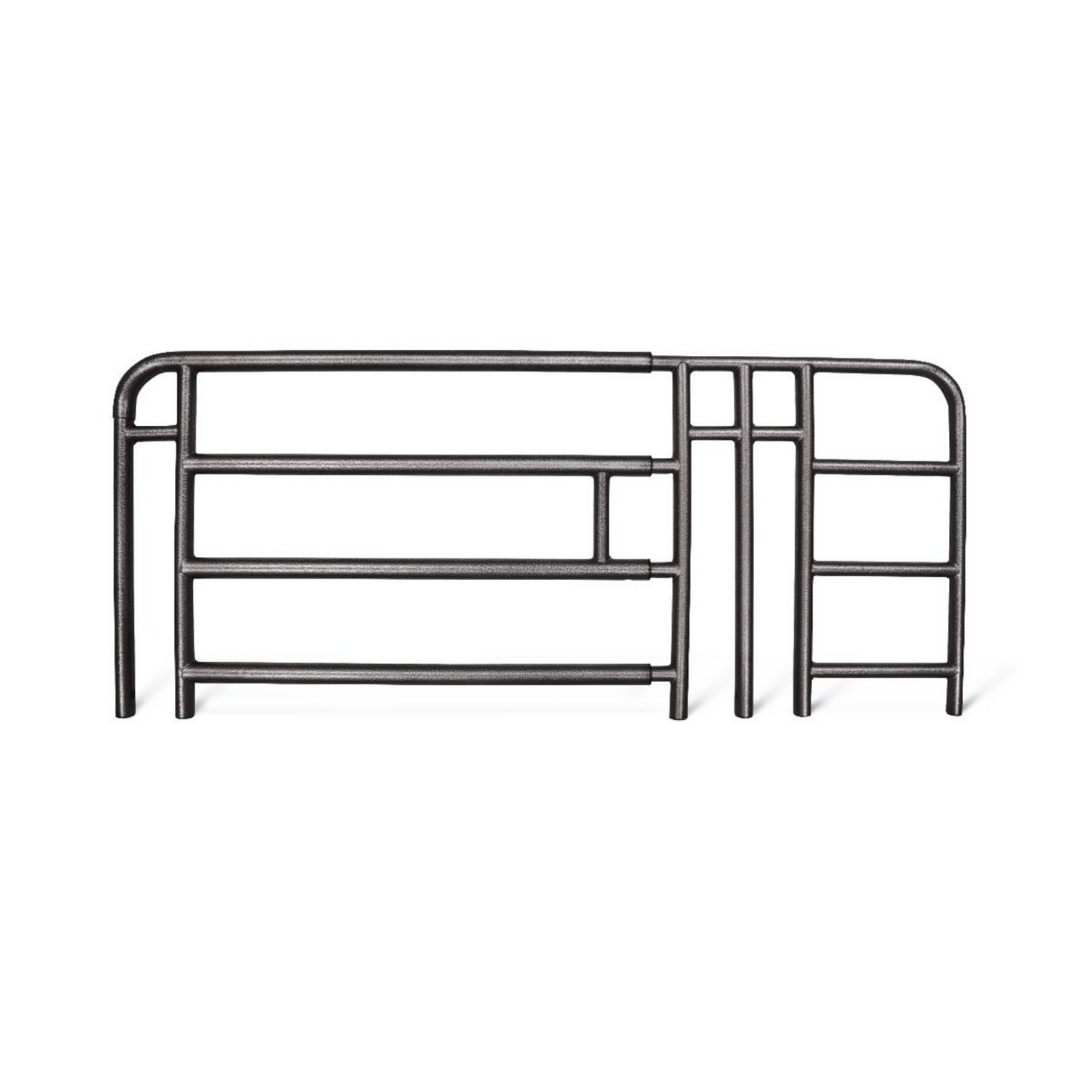Medline Bed Rails for Medline Homecare Beds, black metal with horizontal bars and a smaller attached gate on the right, designed for secure enclosures and tool-free installation, shown isolated on a white background.